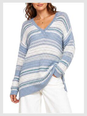White House Black Market Open Knit Sweater Blue White Striped Lightweight M